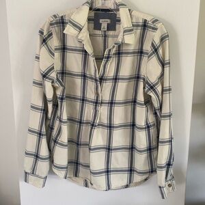 LL BEAN signature classic plaid flannel pullover shirt blouse ivory blue small S